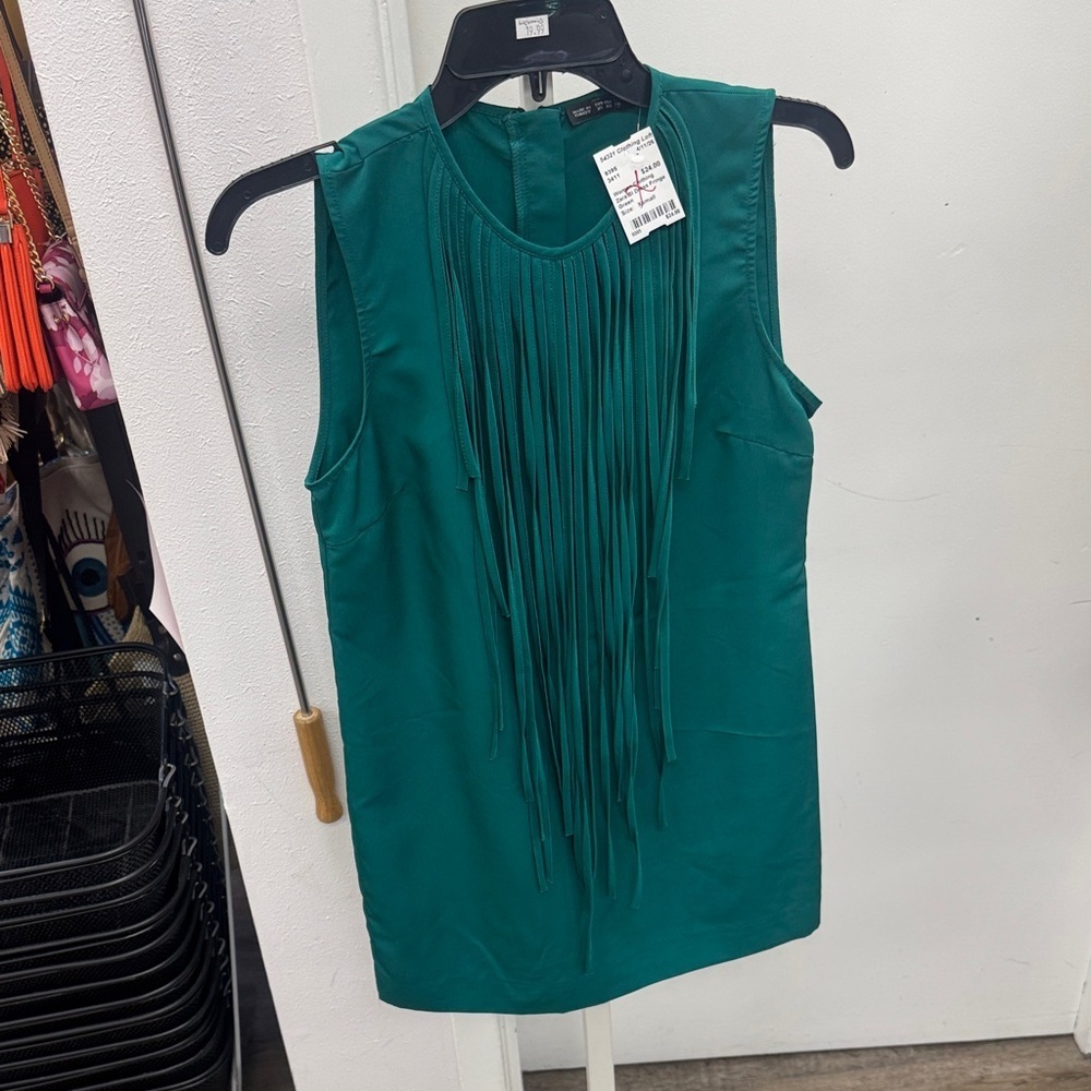 Zara Basic Green Sleeveless Fringe Dress Size XS